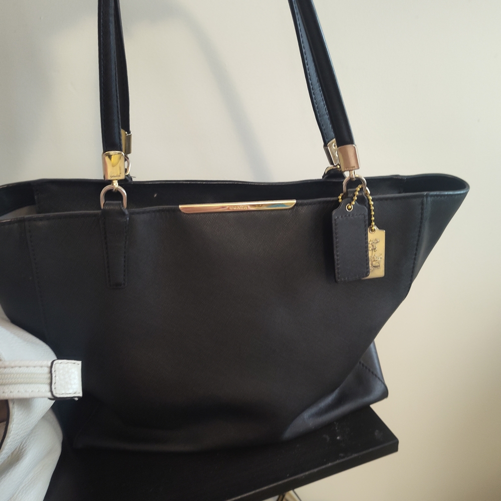 Coach Black Leather Tote with Gold Accents